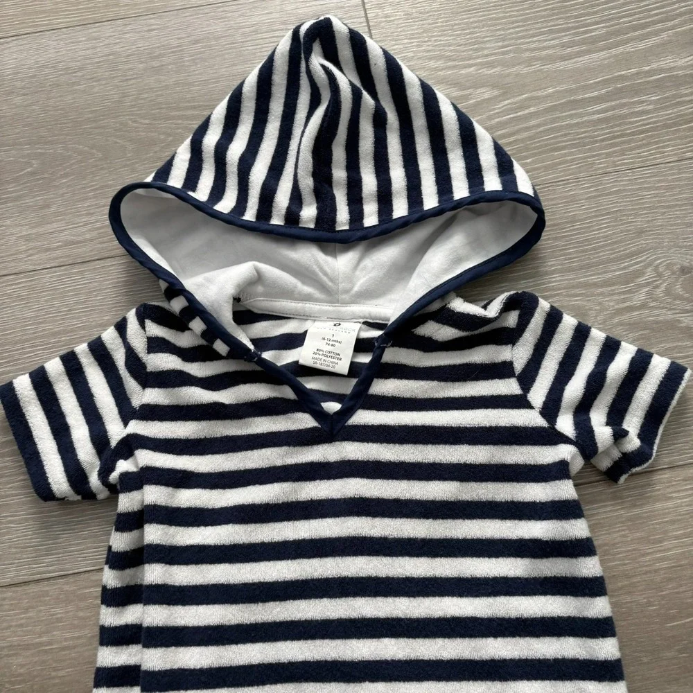 Snapper Rock Kids Navy‎ Blue White Stripe Pocket Hooded Romper 6-12 Months